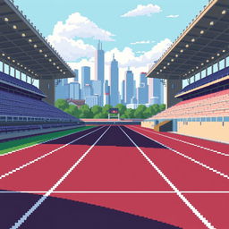 A pixel art running track depicted in profile view, capturing the texture and layout of the lanes with precision