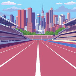 A pixel art running track depicted in profile view, capturing the texture and layout of the lanes with precision