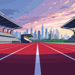 A pixel art image of a running track in profile view, highlighting a single stand viewed from the front