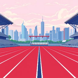 A pixel art image of a running track in profile view, highlighting a single stand viewed from the front