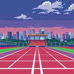 A pixel art image of a running track in profile view, highlighting a single stand viewed from the front