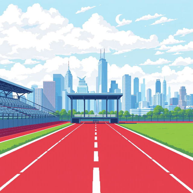 A pixel art image of a running track in profile view, highlighting a single stand viewed from the front