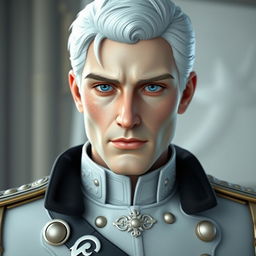 a realistic 3D male character with striking icy blue eyes and pale freckled skin, wearing a sophisticated white military uniform with intricate details, draped with a black collar