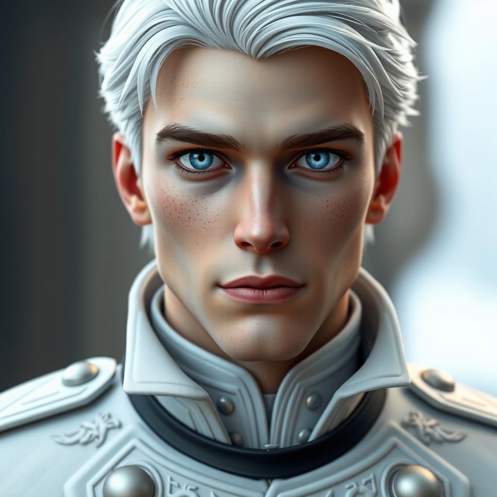 a realistic 3D male character with striking icy blue eyes and pale freckled skin, wearing a sophisticated white military uniform with intricate details, draped with a black collar