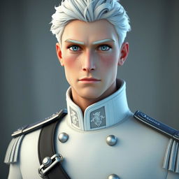 a realistic 3D male character with striking icy blue eyes and pale freckled skin, wearing a sophisticated white military uniform with intricate details, draped with a black collar