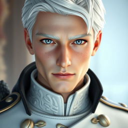 a realistic 3D male character with striking icy blue eyes and pale freckled skin, wearing a sophisticated white military uniform with intricate details, draped with a black collar