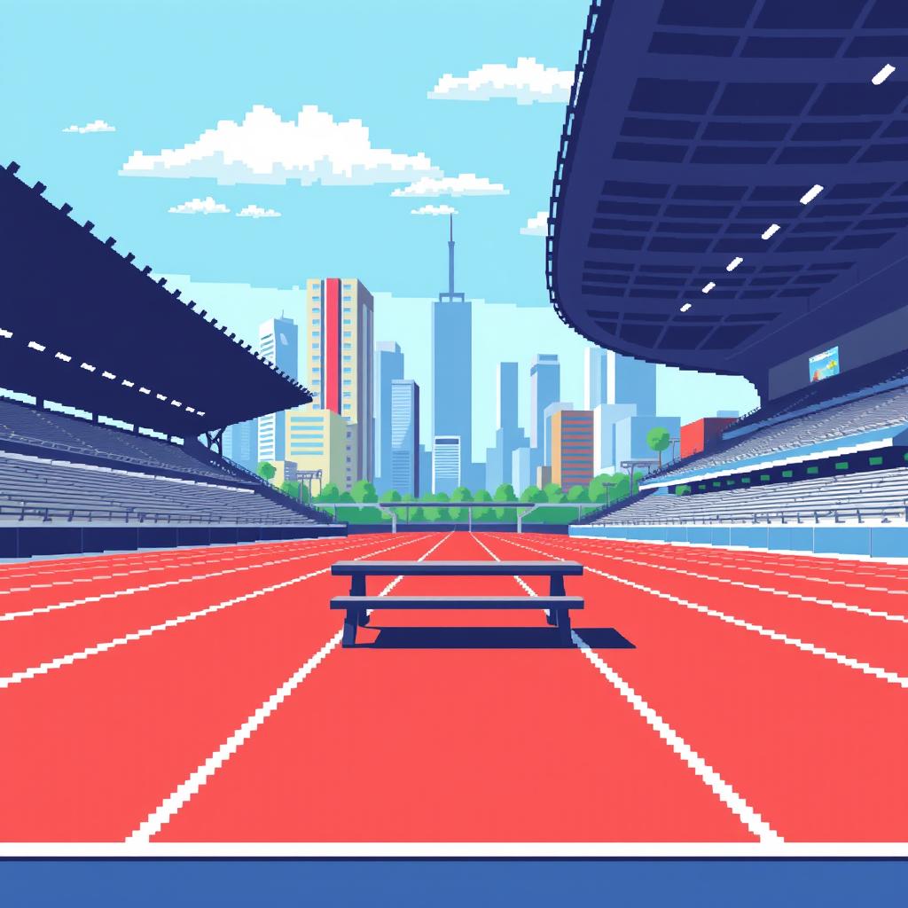 A pixel art scene depicting a horizontal running track in profile view, capturing the essence of athletic lanes with precision and clarity