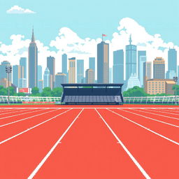 A pixel art scene depicting a horizontal running track in profile view, capturing the essence of athletic lanes with precision and clarity