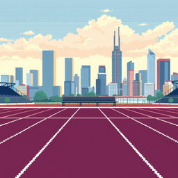 A pixel art scene depicting a horizontal running track in profile view, capturing the essence of athletic lanes with precision and clarity