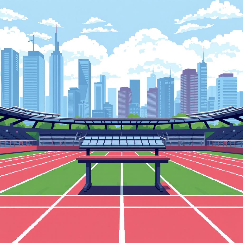 A pixel art scene depicting a horizontal running track in profile view, capturing the essence of athletic lanes with precision and clarity