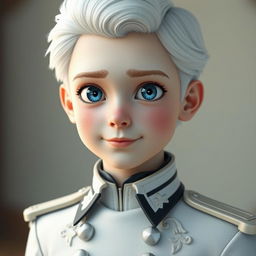 a youthful, realistic 3D character with striking icy blue eyes and youthful pale freckled skin, wearing a sophisticated white military uniform with intricate details, draped with a black collar