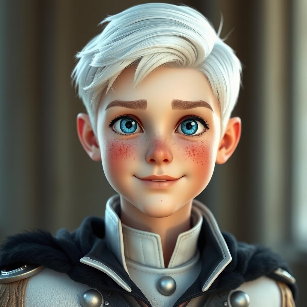 a youthful, realistic 3D character with striking icy blue eyes and youthful pale freckled skin, wearing a sophisticated white military uniform with intricate details, draped with a black collar