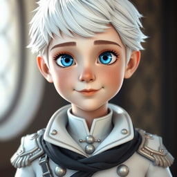 a youthful, realistic 3D character with striking icy blue eyes and youthful pale freckled skin, wearing a sophisticated white military uniform with intricate details, draped with a black collar