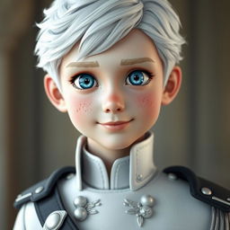 a youthful, realistic 3D character with striking icy blue eyes and youthful pale freckled skin, wearing a sophisticated white military uniform with intricate details, draped with a black collar