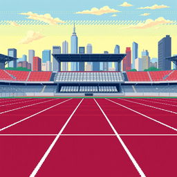 A pixel art scene featuring horizontal lanes of a running track, meticulously detailed in profile view to capture the dynamics of athletic tracks