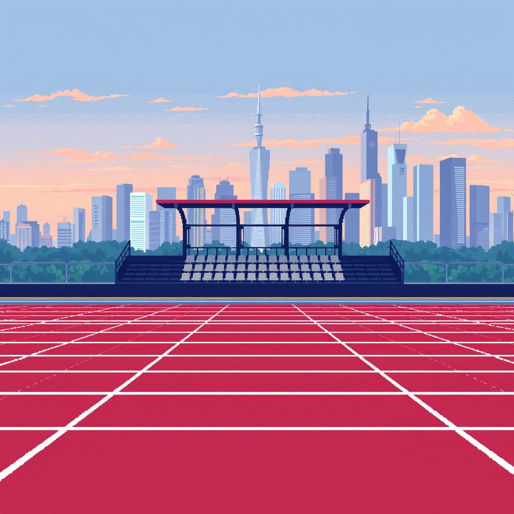 A pixel art scene featuring horizontal lanes of a running track, meticulously detailed in profile view to capture the dynamics of athletic tracks