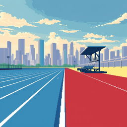 A pixel art scene featuring horizontal lanes of a running track, meticulously detailed in profile view to capture the dynamics of athletic tracks