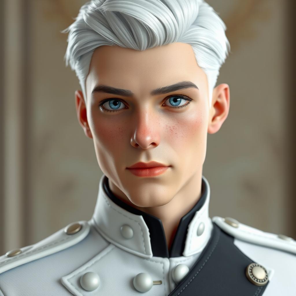 a realistic 3D male character around 16 years old with striking icy blue eyes and pale freckled skin