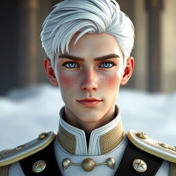 a realistic 3D male character around 16 years old with striking icy blue eyes and pale freckled skin