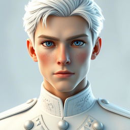 a realistic 3D male character around 16 years old with striking icy blue eyes and pale freckled skin