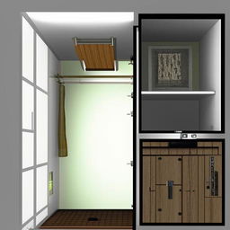 Generate an optimized interior design for a 12x12 bedroom with minimal storage, focusing on a favorable position for an iron almirah, while eliminating the need for a trunk.