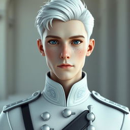 a realistic 3D male character around 16 years old with striking icy blue eyes and pale freckled skin