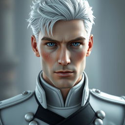 a realistic 3D male character with striking icy blue eyes and pale freckled skin, wearing a sophisticated white military uniform with intricate details, draped with a black collar