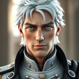 a realistic 3D male character with striking icy blue eyes and pale freckled skin, wearing a sophisticated white military uniform with intricate details, draped with a black collar