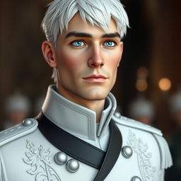 a realistic 3D male character with striking icy blue eyes and pale freckled skin, wearing a sophisticated white military uniform with intricate details, draped with a black collar