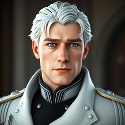 a realistic 3D male character with striking icy blue eyes and pale freckled skin, wearing a sophisticated white military uniform with intricate details, draped with a black collar