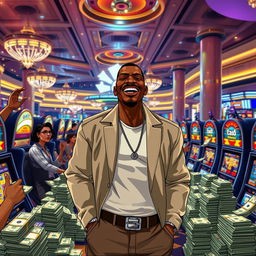 A character resembling CJ from GTA San Andreas hitting it big at a luxurious casino, surrounded by stacks of money and cheering onlookers