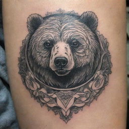 An intricate tattoo design featuring a bear symbol, reflecting strength, bravery, and motherhood.