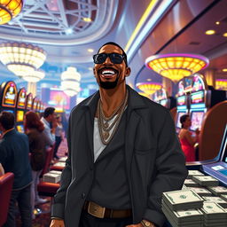 A character resembling CJ from GTA San Andreas hitting it big at a luxurious casino, surrounded by stacks of money and cheering onlookers