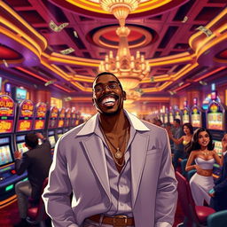 A character resembling CJ from GTA San Andreas hitting it big at a luxurious casino, surrounded by stacks of money and cheering onlookers