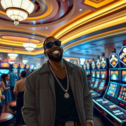 A character resembling CJ from GTA San Andreas hitting it big at a luxurious casino, surrounded by stacks of money and cheering onlookers