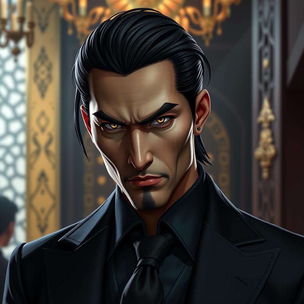 A Yuan Ti male crime boss, featuring distinctive snake eyes