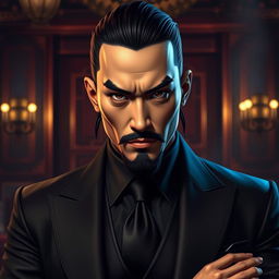 A Yuan Ti male crime boss, featuring distinctive snake eyes