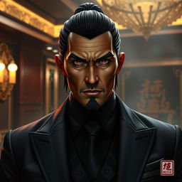 A Yuan Ti male crime boss, featuring distinctive snake eyes