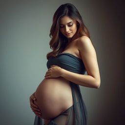 An alluring and beautiful pregnant woman, posed gracefully to showcase the natural beauty of pregnancy