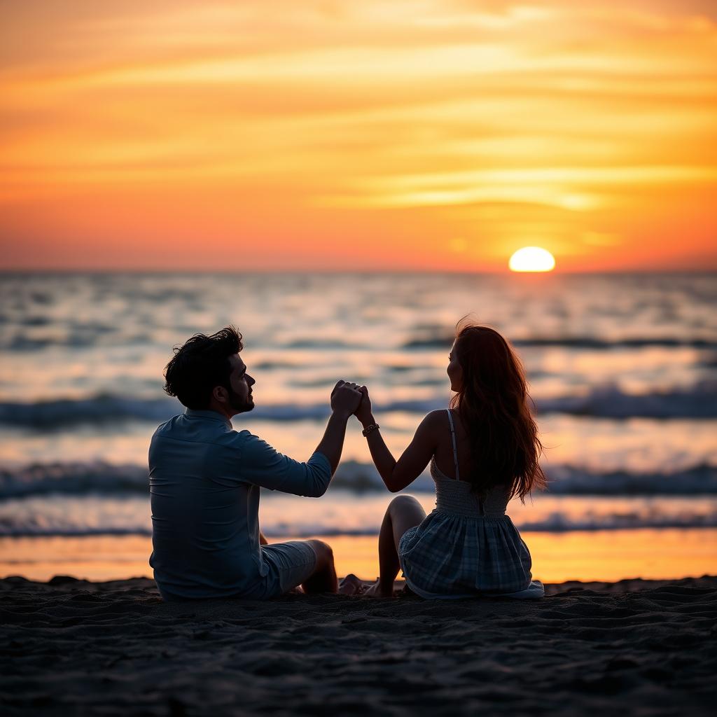 A romantic and intimate scene between a couple sitting on a beach at sunset, holding hands and looking into each other's eyes