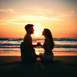 A romantic and intimate scene between a couple sitting on a beach at sunset, holding hands and looking into each other's eyes