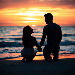 A romantic and intimate scene between a couple sitting on a beach at sunset, holding hands and looking into each other's eyes