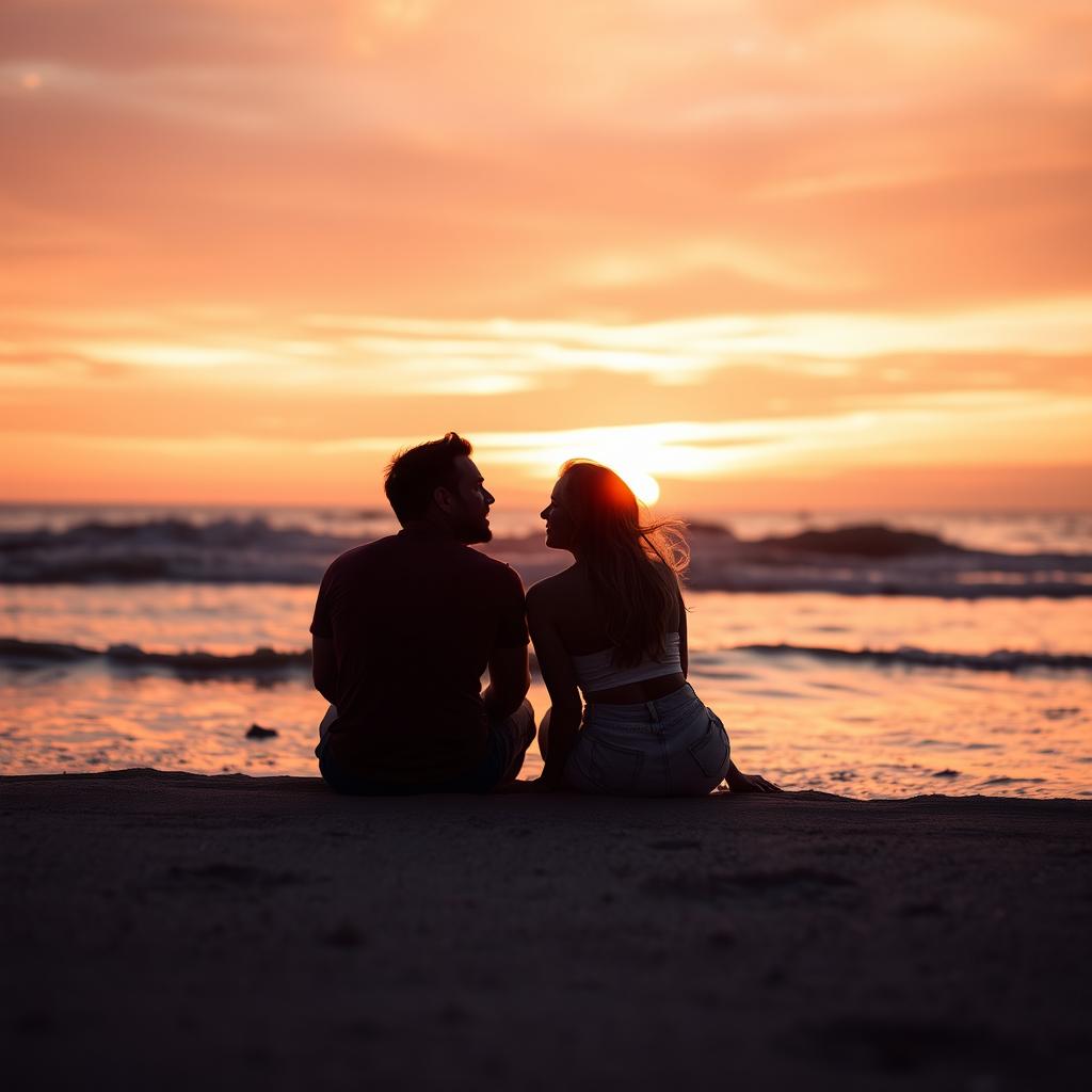 A romantic and intimate scene between a couple sitting on a beach at sunset, holding hands and looking into each other's eyes