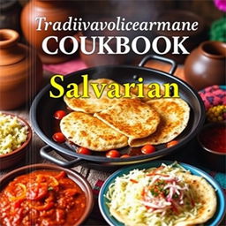 A vibrant and eye-catching cookbook cover featuring traditional Salvadoran food, with a strong emphasis on the iconic pupusas