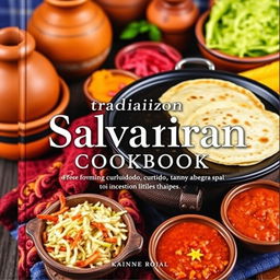 A vibrant and eye-catching cookbook cover featuring traditional Salvadoran food, with a strong emphasis on the iconic pupusas