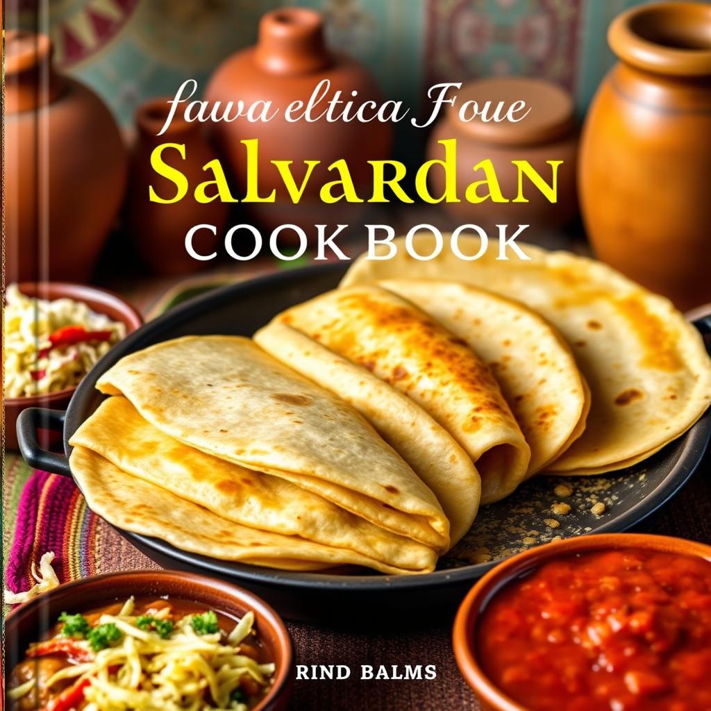 A vibrant and eye-catching cookbook cover featuring traditional Salvadoran food, with a strong emphasis on the iconic pupusas