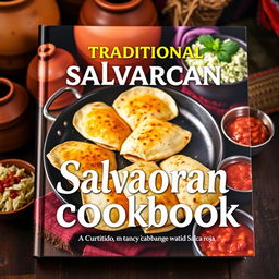 A vibrant and eye-catching cookbook cover featuring traditional Salvadoran food, with a strong emphasis on the iconic pupusas