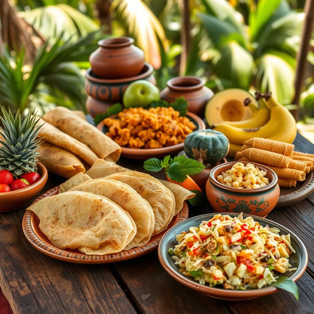 A vibrant and colorful composition showcasing a variety of traditional Salvadoran foods