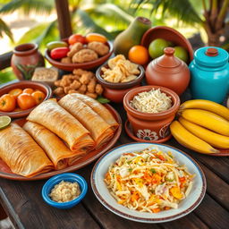 A vibrant and colorful composition showcasing a variety of traditional Salvadoran foods