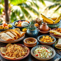 A vibrant and colorful composition showcasing a variety of traditional Salvadoran foods